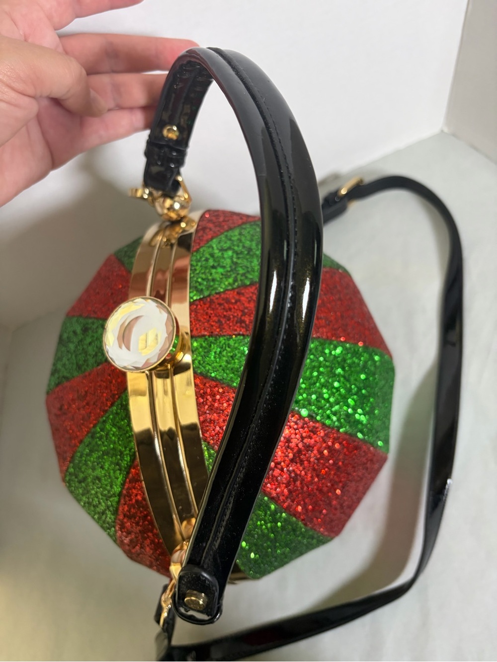 Christmas Ornament Purse Red Green Glitter Round Hard Case Crossbody Bag - Picture 11 of 13